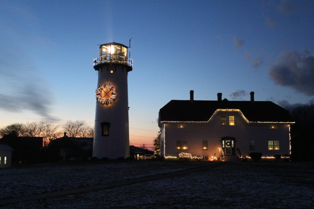 Chatham Light at night during the holidays