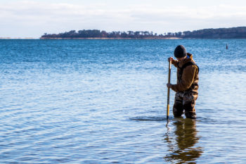 A man standing in knee deep water clamming with land in the background | Brewster By the Sea Cape Cod Inn | Brewster, MA